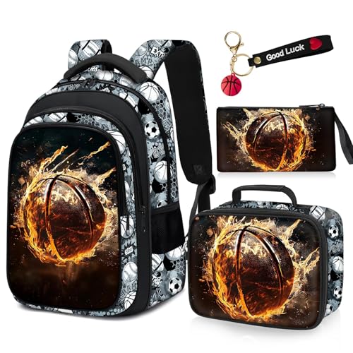 School Backpack for Boys - 4pcs Basketball Boys Backpack with Lunch Box Set for Kids Children Teens Elementary Middle School - 17″ Sport Bookbag Travel Back Pack for Age 6-18 - color: Basketball Backpack08 Set