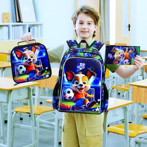 16" Dog Soccer Backpack Set for Boys 4-8, 3Pcs Kindergarten School Bag with Football Lunch Box & Pencil Case, Durable Bookbag (Blue) - color: Soccer Dog Blue