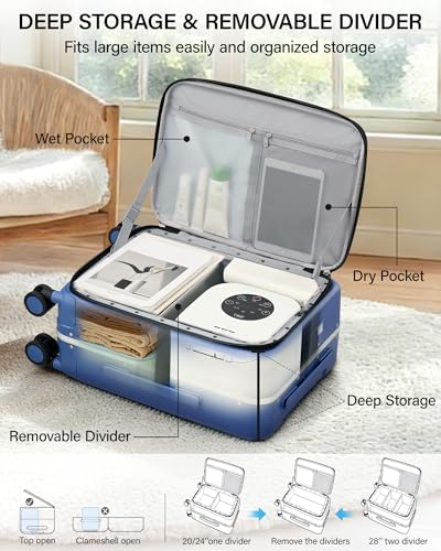 Hanke 20 Inch Top Opening Carry On Luggage with Cup Holder, Hard Shell Suitcase with Spinner Wheels, USB Ports, TSA Lock Aluminum Frame, Dry Wet Separation & Removable Divider, Interstellar Blue - color: Interstellar Blue, size: 20 Inch Pro