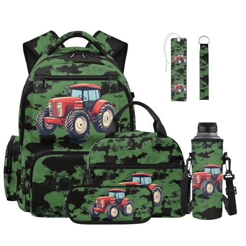 Talayituse Red Tractor Green Camo Print Backpack for Boys Girls, 6Pcs School Bookbag with Lunch Box Pencil Bag Water Bottle Carrier Bag, Bookmark & Keychain, Kids Schoolbag Set for Elementary - color: Red Tractor Green Camo