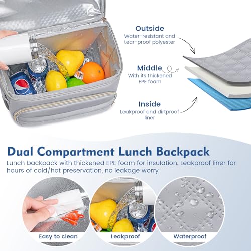 Backpack Cooler Lunch Backpack Double Decker Lunch Box,Insulated Backpack Lunch Cooler Bag, Lightweight Leakproof Lunchbox Backpack for Women Men to Travel,Picnic,Hiking,Beach,Camping - color: Gray