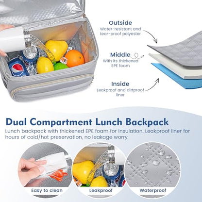 Backpack Cooler Lunch Backpack Double Decker Lunch Box,Insulated Backpack Lunch Cooler Bag, Lightweight Leakproof Lunchbox Backpack for Women Men to Travel,Picnic,Hiking,Beach,Camping - color: Gray