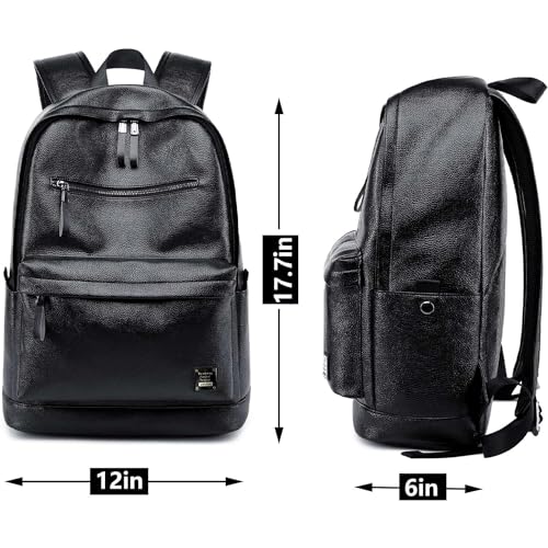 weiatas Black Leather Laptop Backpack for Men Women Work Travel, College School Backpack Casual Daypack fits 15.6 Inch