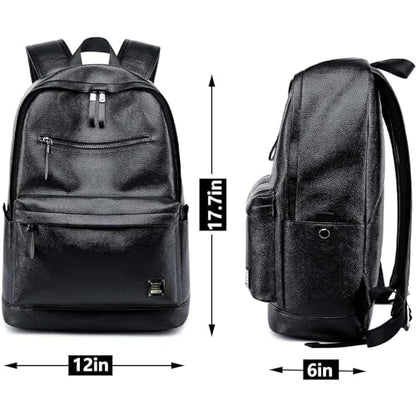 weiatas Black Leather Laptop Backpack for Men Women Work Travel, College School Backpack Casual Daypack fits 15.6 Inch