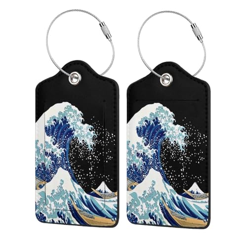 2 Pack Luggage Tags Japanese Kanagawa Ocean Great Wave Waves Suitcase Leather Privacy Cover Id Label with Stainless Steel Loop for Women Men Travel - color: The Great Wave