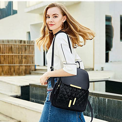 KKXIU Quilted Trendy Leather Backpack Purse for Women and Ladies Shoulder Travel Daypacks Bags (Black) - color: Black, style: Backpack