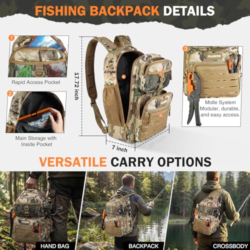 PLUSINNO Fishing Backpack with Fishing Gear Fishing Net, Waterproof Tackle Backpack with Rod Holders, Tackle Box, Lures, Tools, Pliers & Accessories, Fish Gifts for Men - color: Khaki Backpack With Net