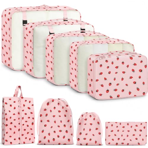 9 Set Packing Cubes for Travel Essentials - Lightweight Carry-On Luggage Organizer Bags with Shoe, Clothes & Laundry Bags for Airplane, Family & Business Travel, Pink strawberry - color: Pink strawberry