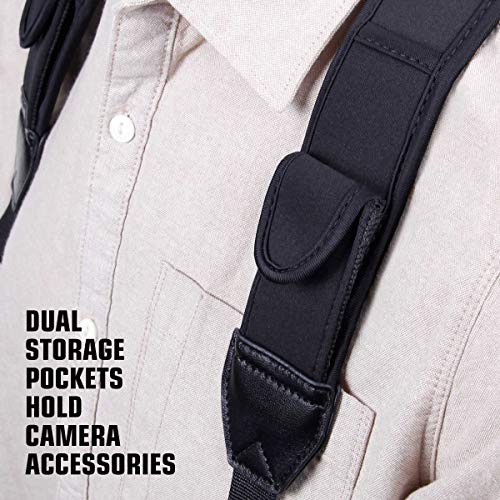 USA Gear DSLR Camera Strap Chest Harness with Quick Release Buckles, Black Neoprene Pattern and Accessory Pockets - Compatible with Canon, Nikon, Sony and More Point and Shoot and Mirrorless Cameras - color: Black