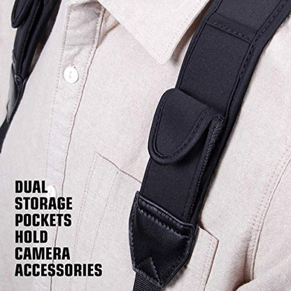 USA Gear DSLR Camera Strap Chest Harness with Quick Release Buckles, Black Neoprene Pattern and Accessory Pockets - Compatible with Canon, Nikon, Sony and More Point and Shoot and Mirrorless Cameras - color: Black