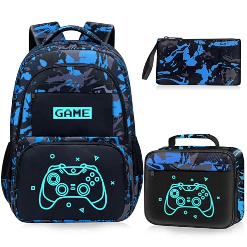 Glow in The Dark Backpack for Boys - 3pcs Game Boys Backpack for Kids Children Teens Elementary Middle School - 17″ Gamer Bookbag Travel Back Pack for Age 6-18 - color: Game001-backpack Set