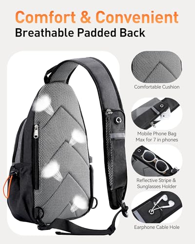 AGPTEK Sling Bag for Men Women, RFID Crossbody Daypack with Water Bottle Holder, Large Capacity EDC Chest Bag for Travel Day Trip Hiking Gym Cycling, Grey