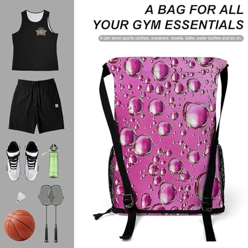Drawstring Gym Backpack with Shoe Compartment And Wet Pocket, 28L Lightweight Waterproof Peach Water Droplets Sports Backpack for Workout Swim Beach Travel String Bag for Men Women