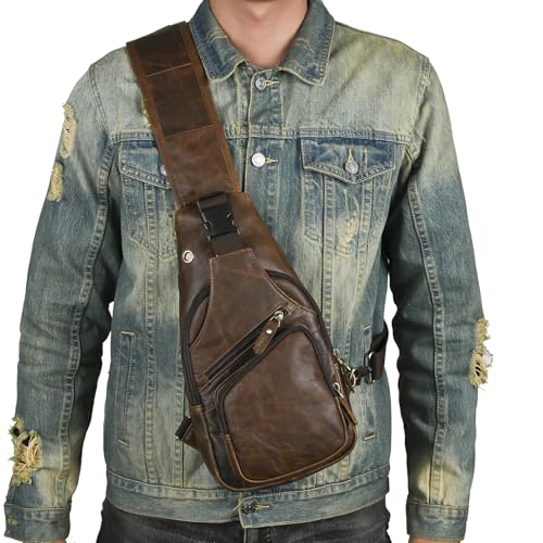Le'aokuu Men Fashion Casual Tea Designer Travel Hiking Crossbody Chest Sling Bag Rig One Shoulder Strap Bag Men Leather 8015 | Fashion - color: C Dark Brown