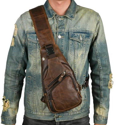 Le'aokuu Men Fashion Casual Tea Designer Travel Hiking Crossbody Chest Sling Bag Rig One Shoulder Strap Bag Men Leather 8015 | Fashion - color: C Dark Brown