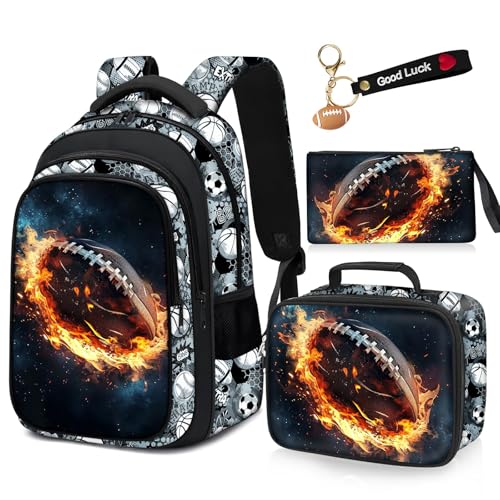 School Backpack for Boys - 4pcs American Football Boys Backpack with Lunch Box Set for Kids Children Teens Elementary Middle School - 17″ Sport Bookbag Travel Back Pack for Age 6-18 - color: American Football Backpack10 Set