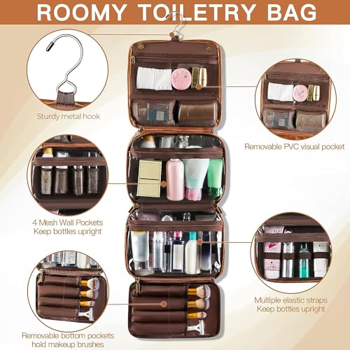 Elviros Hanging Toiletry Bag for Men Travel Essentials 3-in-1 Large Waterproof Dopp Kit PU Leather Shaving Bag with Separate Compartments for Grooming and Toiletries Mens Gift - color: Brown