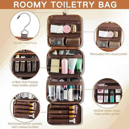 Elviros Hanging Toiletry Bag for Men Travel Essentials 3-in-1 Large Waterproof Dopp Kit PU Leather Shaving Bag with Separate Compartments for Grooming and Toiletries Mens Gift - color: Brown