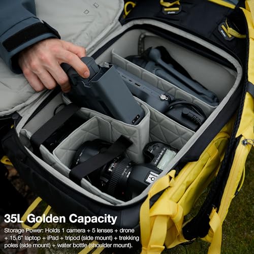 LEOFOTO 35L Camera Backpack for Photographer, Lightweight Waterproof Travel Camera Bag for Camera/Drone/15.6" Laptop, Photopraphy Bag with Side Access & Rain Cover, Tripod Compatible, 2.95KG (YELLOW) - color: 35l-bag+large Insert-yellow
