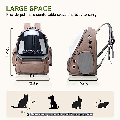 Cawypety Cat Backpack Carrier, Breathable Cat Carrier Large Space Bubble Pet Backpack for Kitty Small Dog up to 15lbs, Transparent & Foldable Pet Carrier for Travel Hiking - color: Khaki