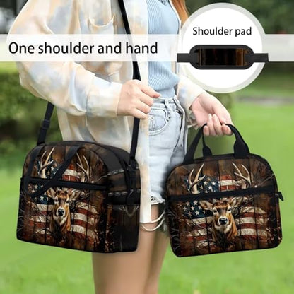 3 in 1 USA Flag Deer School Backpack Set with Lunch Box Pencil Case for Boys Girls 17 Inch 3PCS Bookbag Schoolbag for Middle High Students - color: Usa Flag Deer