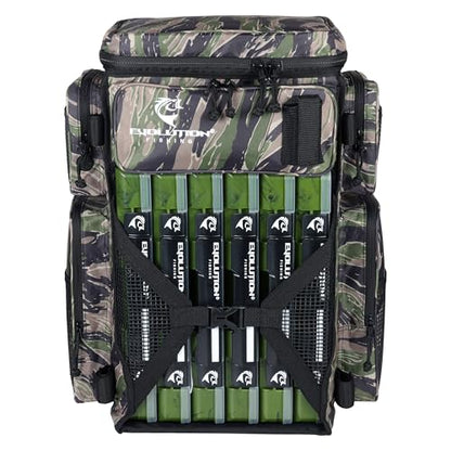 Evolution Fishing Drift Series Tackle Backpack, Outdoor Rucksack w/ 6 Fishing Tackle Trays, Heavy Duty - color: Tiger Stripe, size: 3700