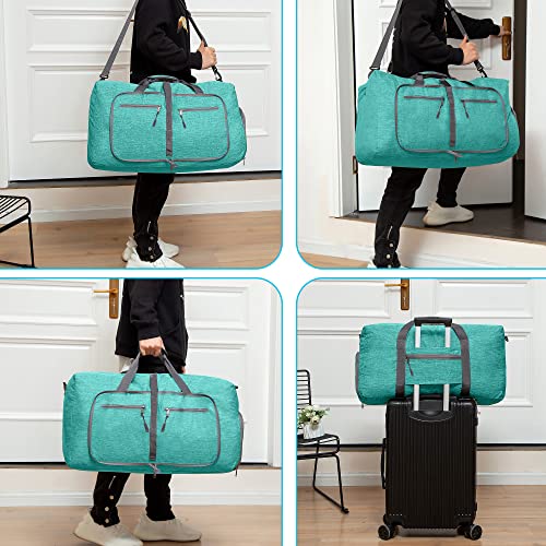 Vomgomfom 65L/85L/115L Foldable Travel Duffle Bag, Lightweight Checked Luggage with Shoe Compartment, Water-Resistant Weekender Overnight Bag for Men & Women - color: G Mint Green, size: 65L