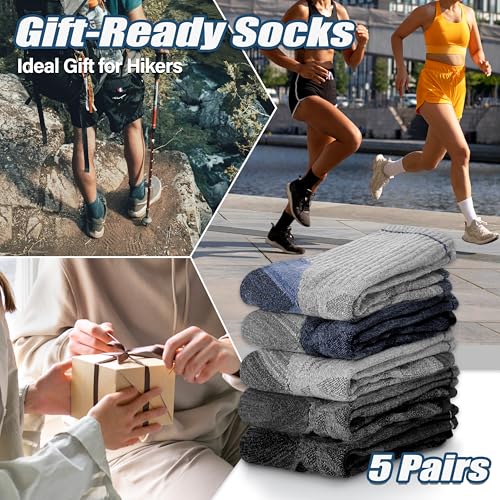 ANTSANG Merino Wool Hiking Socks, Enhanced Breathability, Targeted Cushion Thermal Socks for Men and Women, 5 Pairs - color: Blue/Gray/Black, size: Large