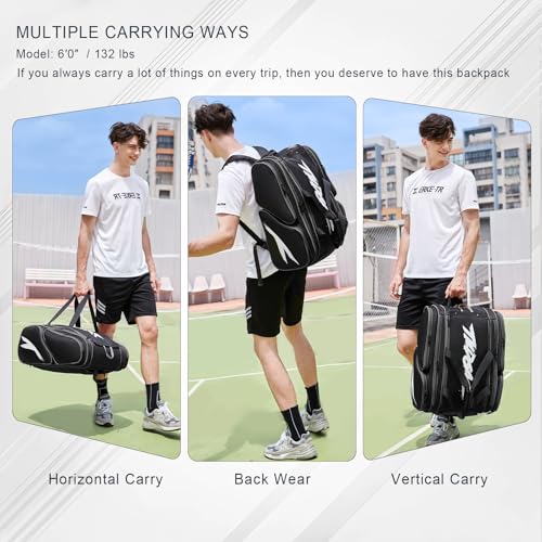 TILDOSAC Pickleball Bag - Large Paddle Bag for 4 Paddles & Accessories - Fence Hook, Extra Pockets, Shoe Compartment - color: Deep Black