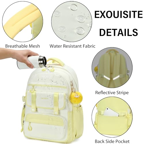 School Backpack for Girls, Laptop Backpack 15.6 Inch Kids Elementary Middle High School Bag Anti Theft Cute College Bookbags for Teens Girls Women Students Casual Travel Daypack,Yellow Beige - color: Yellow