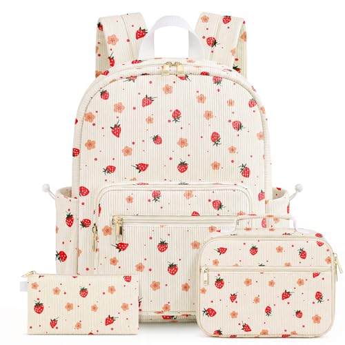 Corduroy Girls Backpack Set，Cute School Backpack for Teens Girls Kids Bookbags for Elementary High School Women Laptop Bags Daypacks Set With Lunch Bag and Pencil Case (Beige Strawberry, 3 Set) - color: Beige Strawberry, size: 3 Set