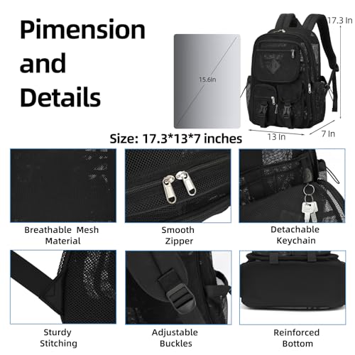 Black Mesh Backpack for Girls Boys, Mesh Bookbags Heavy Duty Semi-Transparent School Bag for College, Travel, Beach, Swimming, Sports - color: Black