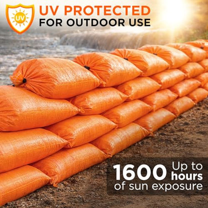 Heavy Duty Sand Bags Pack of 24, Bright Orange Empty Sandbags with Built-In Ties, Woven Polypropylene UV Protection 1600 Hours, Fillable Bags for Flood Control, Weight, 12x20 inches, 25 Pounds Volume - size: 12"W x 20"L, style: Pack of 24