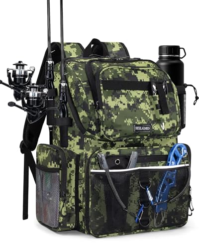 HXLGMD Fishing Backpack with Rod Holders, 43L Large Water Resistant Tackle Bag Storage Gear and Equipment with Cooler for Men Fishing, Camping, Hiking, Green - color: Green Camo
