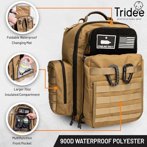 Tan Dad Diaper Bag - Molle-Style Military Diaper Backpack Made of Rugged 900D Waterproof Polyester with Wider Extra-Long Straps, Pouch for Dirty Diapers, Baby Wipes Dispenser & Insulated Pockets - color: Tan