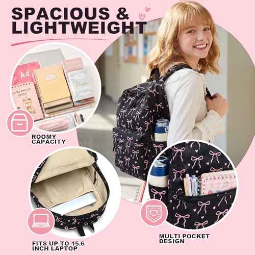 LEDAOU School Backpack for Teen Girls Elementary Middle School Bookbag Kids Backpacks Women Laptop Backpack Travel Daypack (Bow Tie Black) - color: A-bow Tie Black