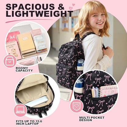 LEDAOU School Backpack for Teen Girls Elementary Middle School Bookbag Kids Backpacks Women Laptop Backpack Travel Daypack (Bow Tie Black) - color: A-bow Tie Black