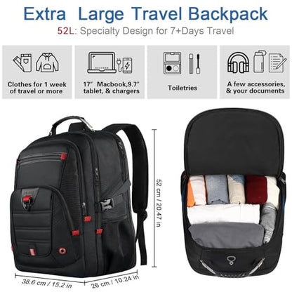 LifetimeWarranty Extra Large Travel Backpack With 52L Capacity, Long-Term Durability TSA Backpack,Anti-Theft 17.3" Big Business Laptop Backpack for Men&Women,Water Resistant College Rucksack Bag Black - color: Black, size: 17.3 Inch (20''x15''x10'')