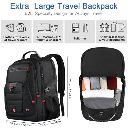 LifetimeWarranty Extra Large Travel Backpack With 52L Capacity, Long-Term Durability TSA Backpack,Anti-Theft 17.3" Big Business Laptop Backpack for Men&Women,Water Resistant College Rucksack Bag Black - color: Black, size: 17.3 Inch (20''x15''x10'')