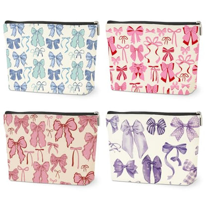 4 PCs Bow Stuff Makeup Bag Coquette Stuff Cosmetic Bag, Bow Gifts for Women Teen Girls Best Friends Daughter Coworkers, Cute Bow Stuff Christmas birthday Gifts Zipper Pouch Toiletry Bag - color: Multicolor 0009