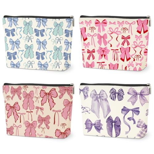 4 PCs Bow Stuff Makeup Bag Coquette Stuff Cosmetic Bag, Bow Gifts for Women Teen Girls Best Friends Daughter Coworkers, Cute Bow Stuff Christmas birthday Gifts Zipper Pouch Toiletry Bag - color: Multicolor 0009