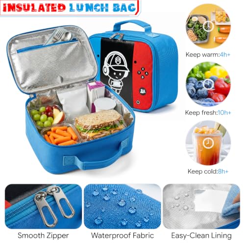 Boys Backpack, Luminous Gamer Backpack for Boys with Lunch Box,Pencil Case and Coin Puese,Kids Schoolbag Bookbag for Teen Boy Elementary Middle High School Travel(Red-Blue) - color: Red-blue