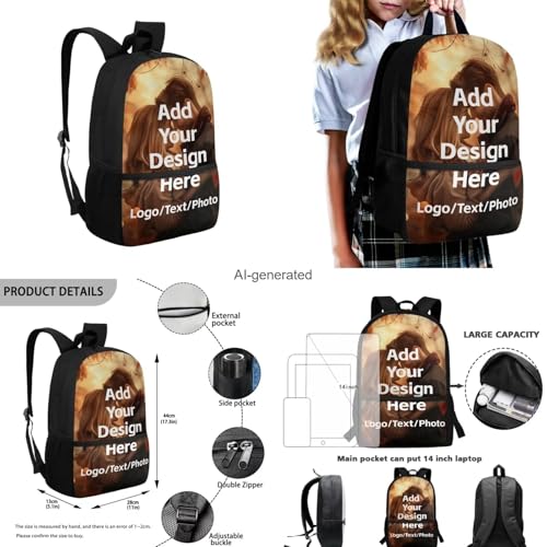 Custom Backpack for Girls Boys Backpack with Lunch Box Water Bottle Holder with Strap and Zipper Pencil Case 4PCS Set Bookbag with Front Pocket for School Teens 17 inch Sturdy School Bag - color: Customized