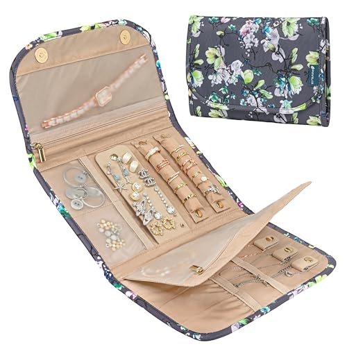 PAVILIA Travel Jewelry Case Organizer, Foldable Jewelry Roll Bag for Earrings, Rings, Necklaces, Bracelets, Accessories, Compact Travel Pouch Wallet for Women, Anti-Tangle (Floral Gray) - color: Floral Gray