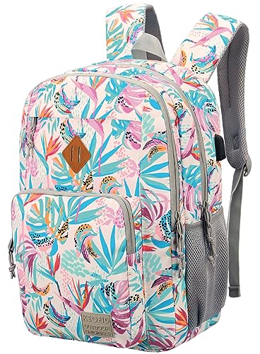 KEOFID Classic Laptop Backpack for Men and Women - Anti-Theft with USB Charging, Water Resistant, 15.6" Laptop Compartment, 1-Year Warranty - color: Leaves, size: 17.3Inches