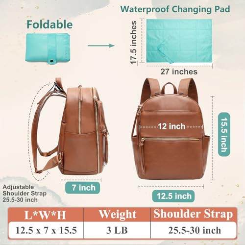 MOMINSIDE Diaper Bag Backpack with 6 Insulated Pockets, Leather Diaper Bag, Large Baby Bag for Mom, Baby Registry, 18 Pockets, Changing Pad, Stroller Straps (Brown) - color: Brown