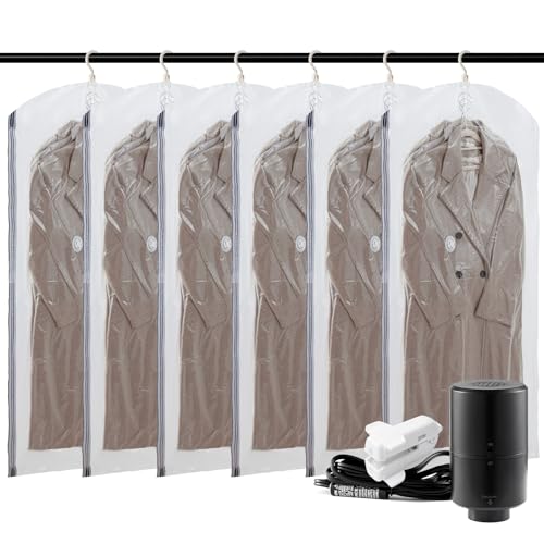 TAILI Hanging Vacuum Sealer Suction Space Saver Storage Bags for Clothes Travel with Electric Air Pump And Rolling Slide Clip for Coats, Closet Organizers, 6 Long - color: Transparent, size: 6 Large