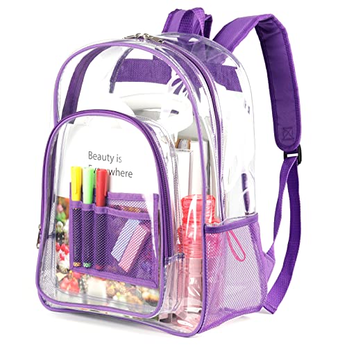 Keepcross Clear Backpack Heavy Duty PVC Clear Bookbag with Reinforced Straps for School College Work, Large Transparent Backpack See Through for Boys Girls Adults - Purple - color: Purple