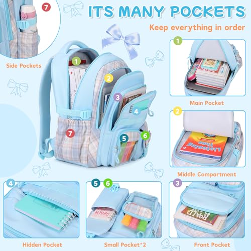 Girls Backpack, 17-Inch Bookbag for Middle & Elementary School, Kawaii Kids Backpack for Girls Ages 6-12(Blue) - color: Blue