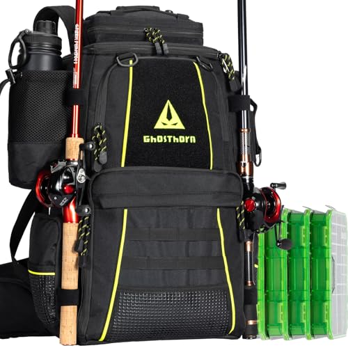 Ghosthorn Fishing Tackle Backpack with 4 3600 Tackle Boxes Rod Holder Outdoor 43L Large Bag with Detachable Wasit Bag Storage Fishing Gear and Equipment Waterproof - color: With 3600*4 Black (43l)